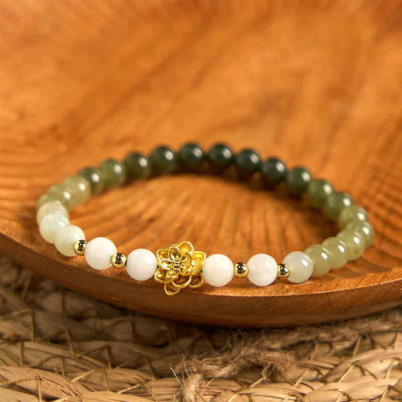 8mm Natural Hetian Jade Gradient Lotus Abundance Bracelet