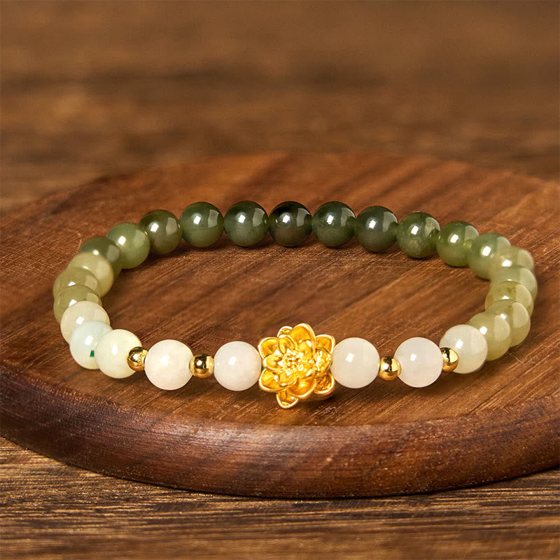 8mm Natural Hetian Jade Lotus Abundance Bracelet