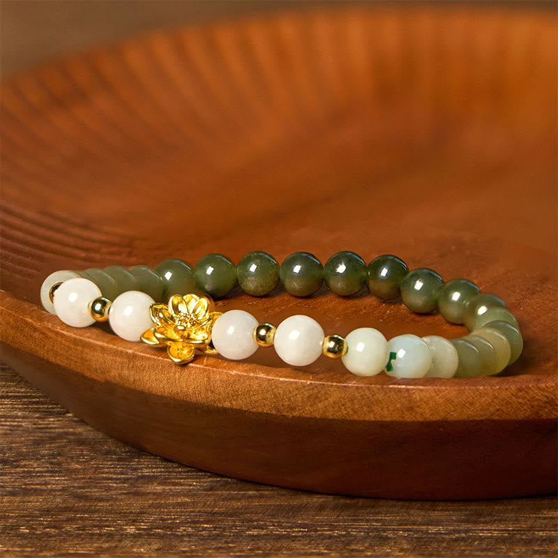 8mm Natural Hetian Jade Lotus Abundance Bracelet