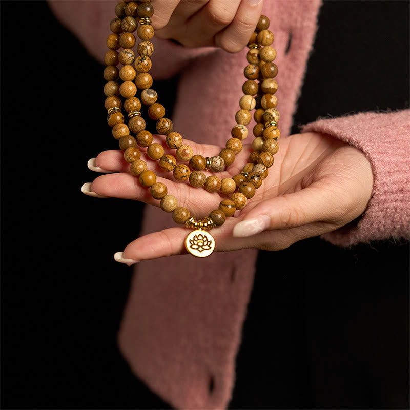 8mm Picture Jasper Courage Mala Bracelet Lotus Charm