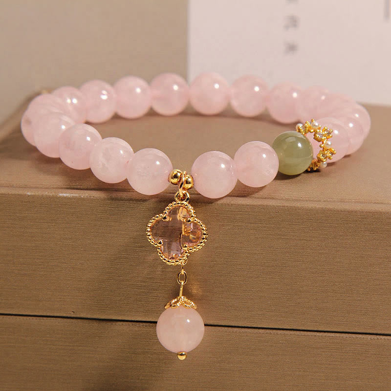 8mm Pink Crystal Soothing Four Leaf Clover Bracelet