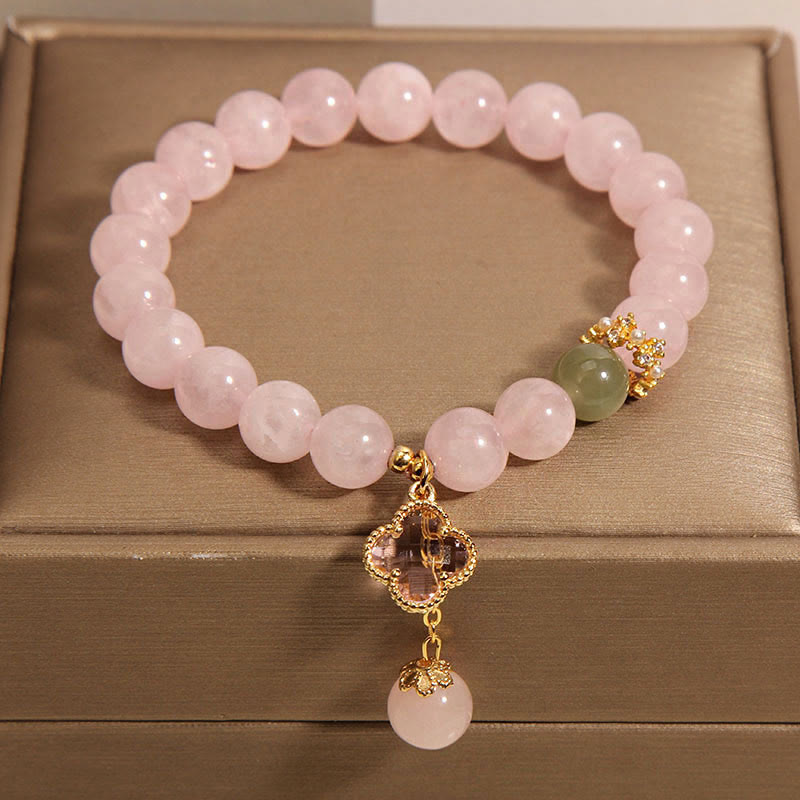 8mm Pink Crystal Soothing Four Leaf Clover Bracelet
