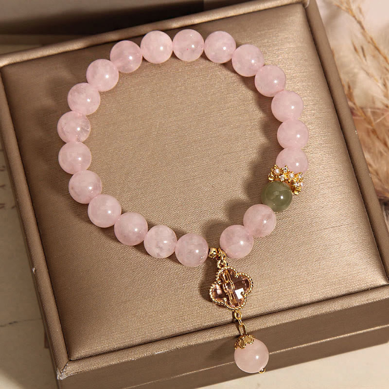 8mm Pink Crystal Soothing Four Leaf Clover Bracelet