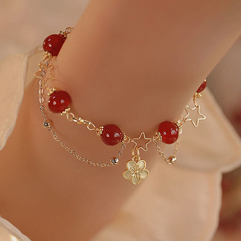 8mm Red Agate Calm Bracelet with Star Flower Charm