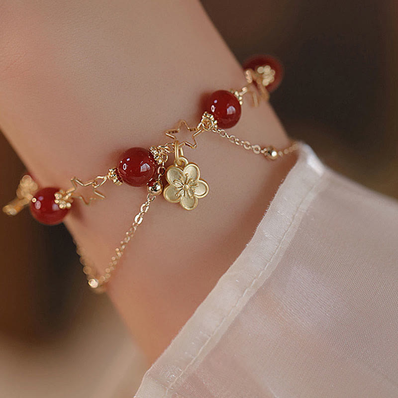8mm Red Agate Calm Bracelet with Star Flower Charm