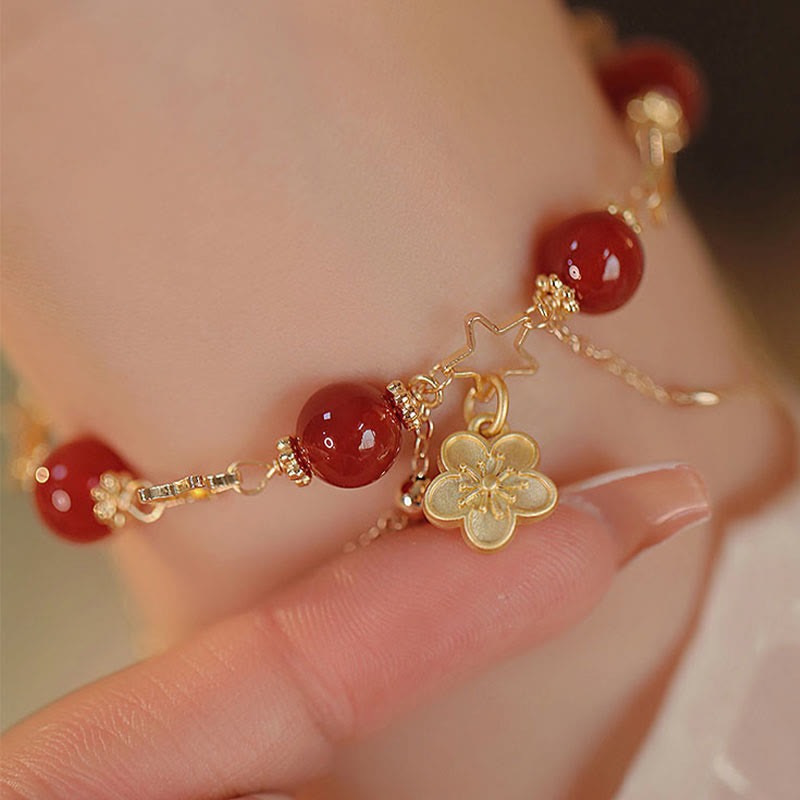 8mm Red Agate Calm Bracelet with Star Flower Charm