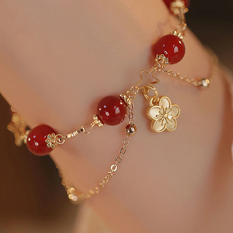 8mm Red Agate Calm Bracelet with Star Flower Charm