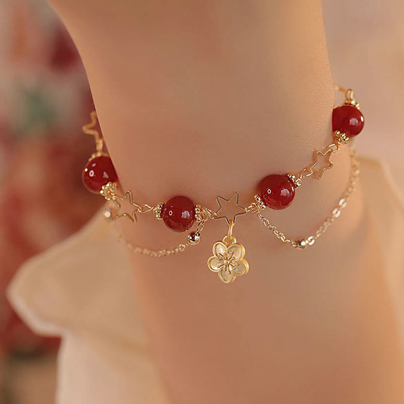 8mm Red Agate Calm Bracelet with Star Flower Charm