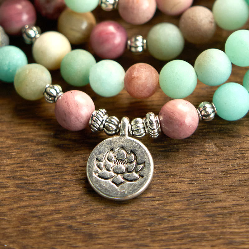 8mm Rhodonite Amazonite Mala Bracelet with Lotus Pendant for Meditation