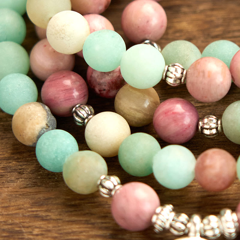 8mm Rhodonite Amazonite Mala Bracelet with Lotus Pendant for Meditation