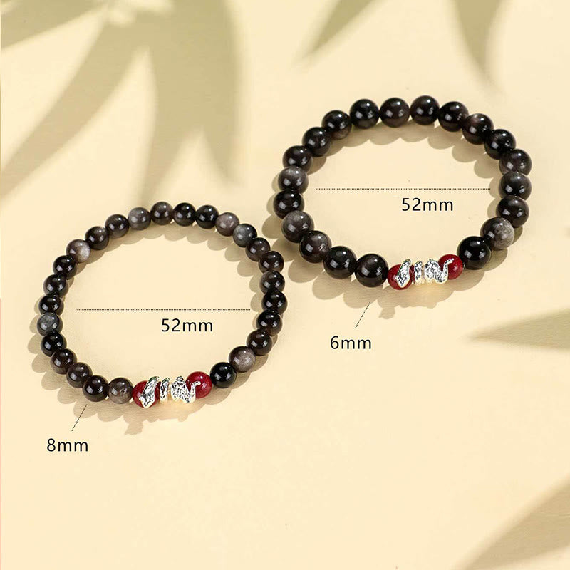 8mm Silver Sheen Obsidian Protection Bracelet with Cinnabar Snake