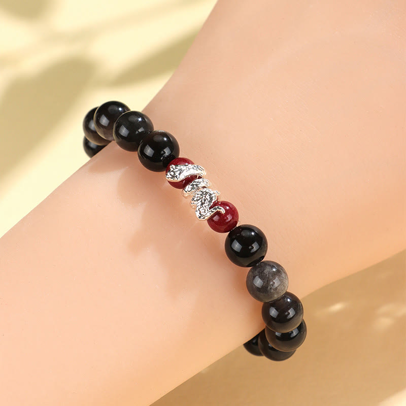 8mm Silver Sheen Obsidian Protection Bracelet with Cinnabar Snake