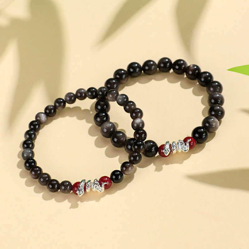 8mm Silver Sheen Obsidian Protection Bracelet with Cinnabar Snake