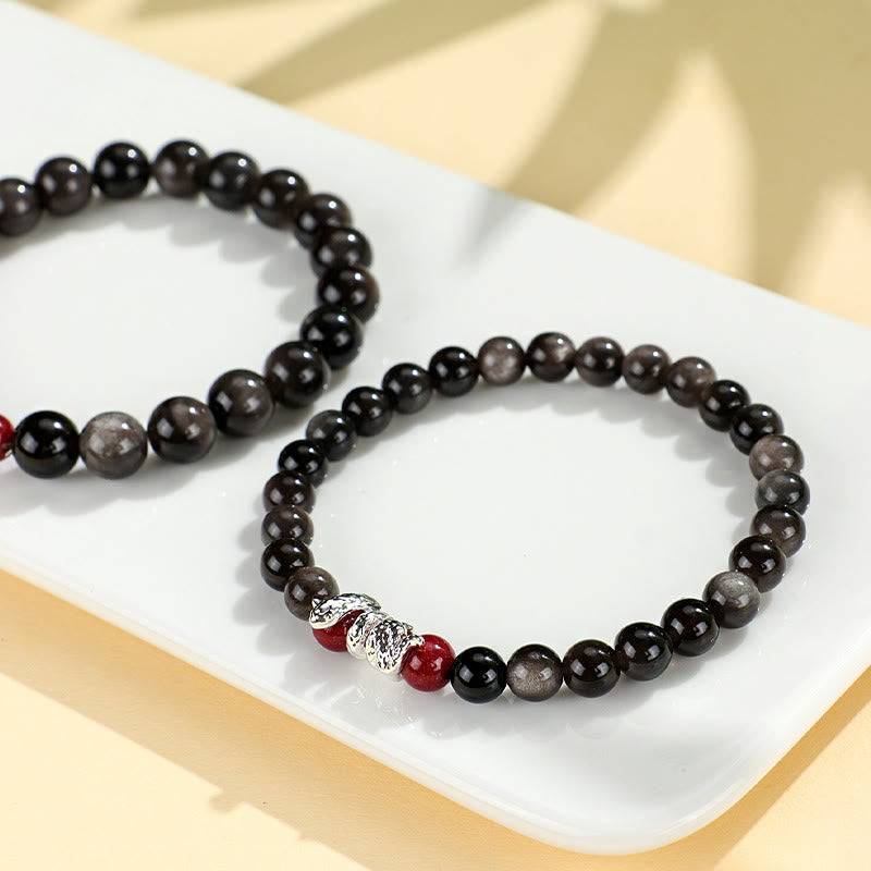 8mm Silver Sheen Obsidian Protection Bracelet with Cinnabar Snake