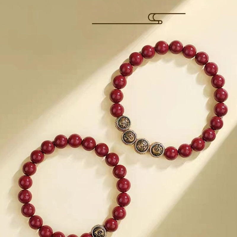 8mm Sterling Silver Cinnabar Four Beasts Blessing Bracelet