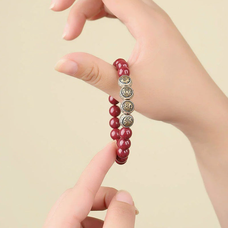 8mm Sterling Silver Cinnabar Four Beasts Blessing Bracelet