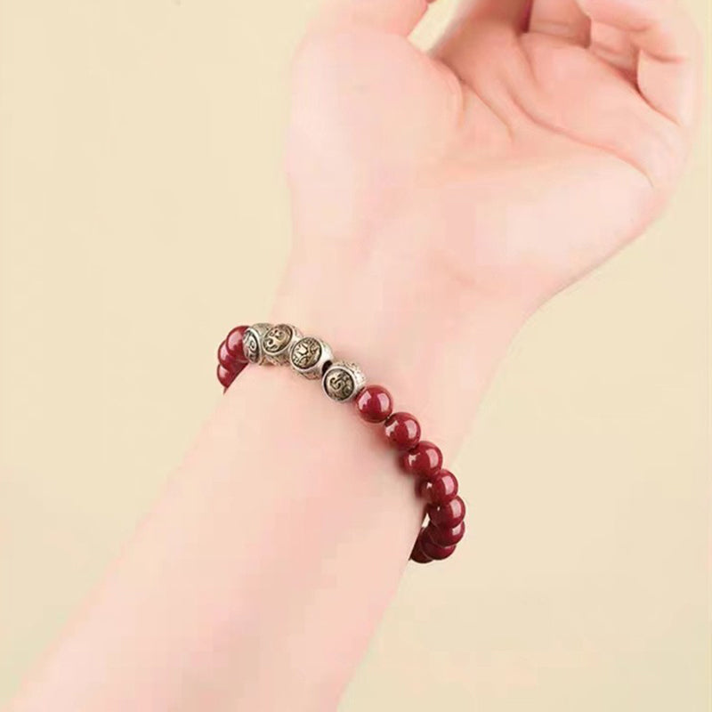 8mm Sterling Silver Cinnabar Four Beasts Blessing Bracelet