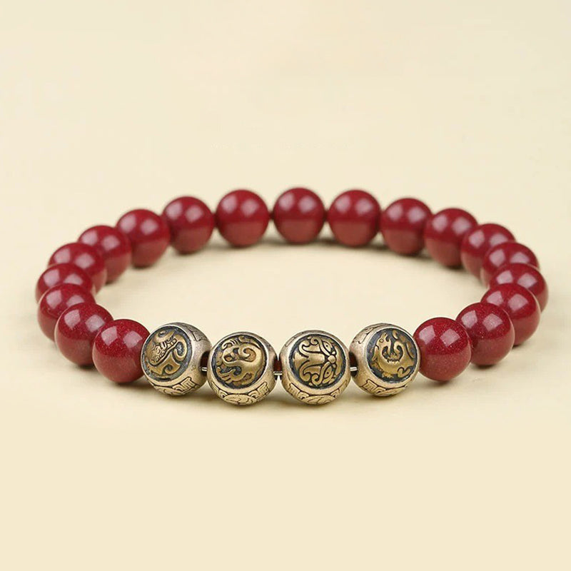 8mm Sterling Silver Cinnabar Four Beasts Blessing Bracelet