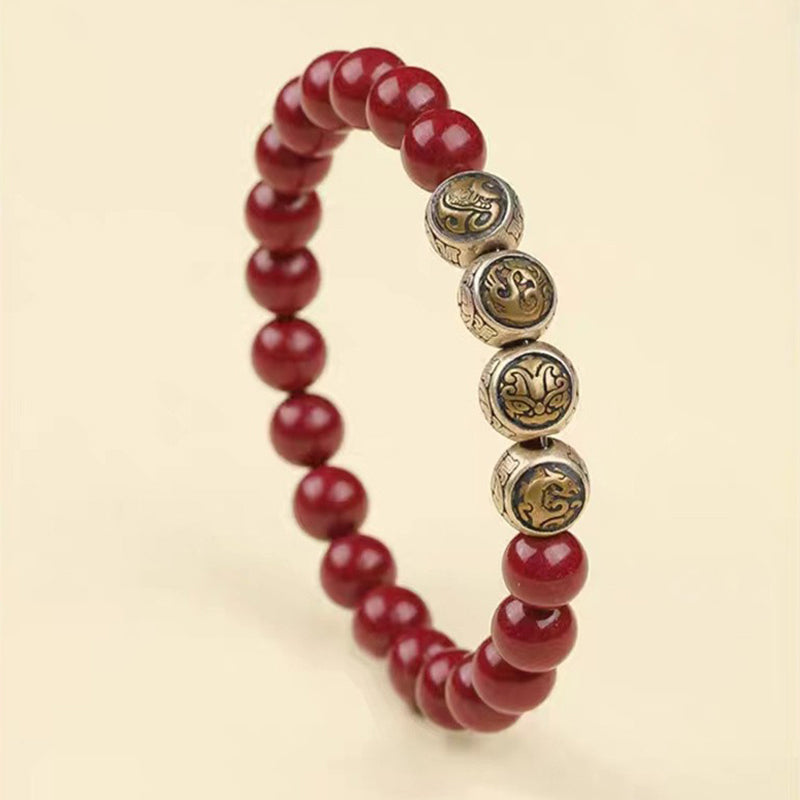 8mm Sterling Silver Cinnabar Four Beasts Blessing Bracelet
