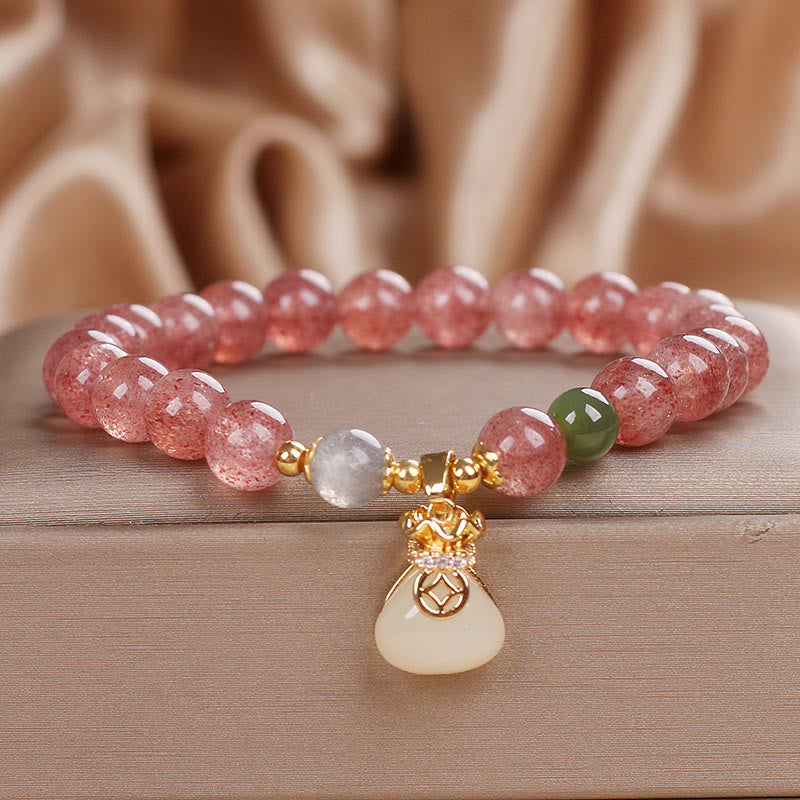 8mm Strawberry Quartz Money Bag Charm Bracelet for Women
