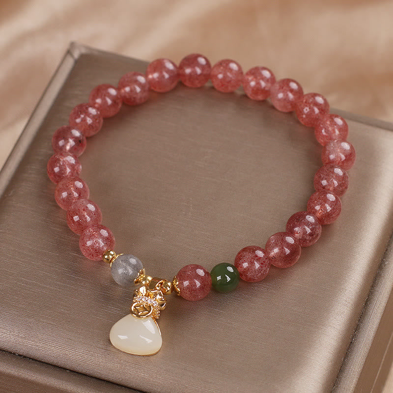 8mm Strawberry Quartz Money Bag Charm Bracelet for Women