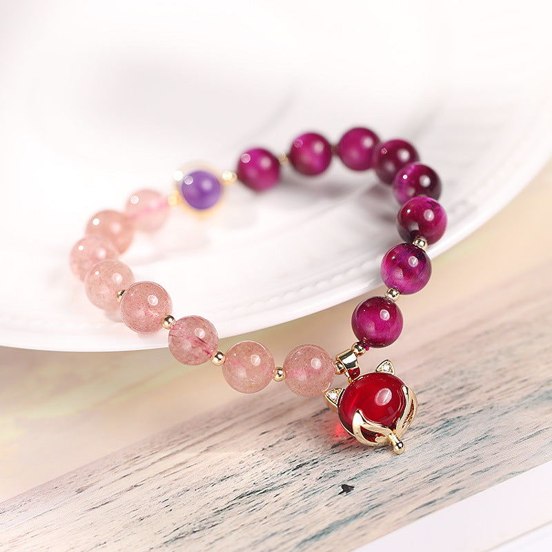 8mm Strawberry Quartz Pixiu Bracelet - Love, Wealth & Protection