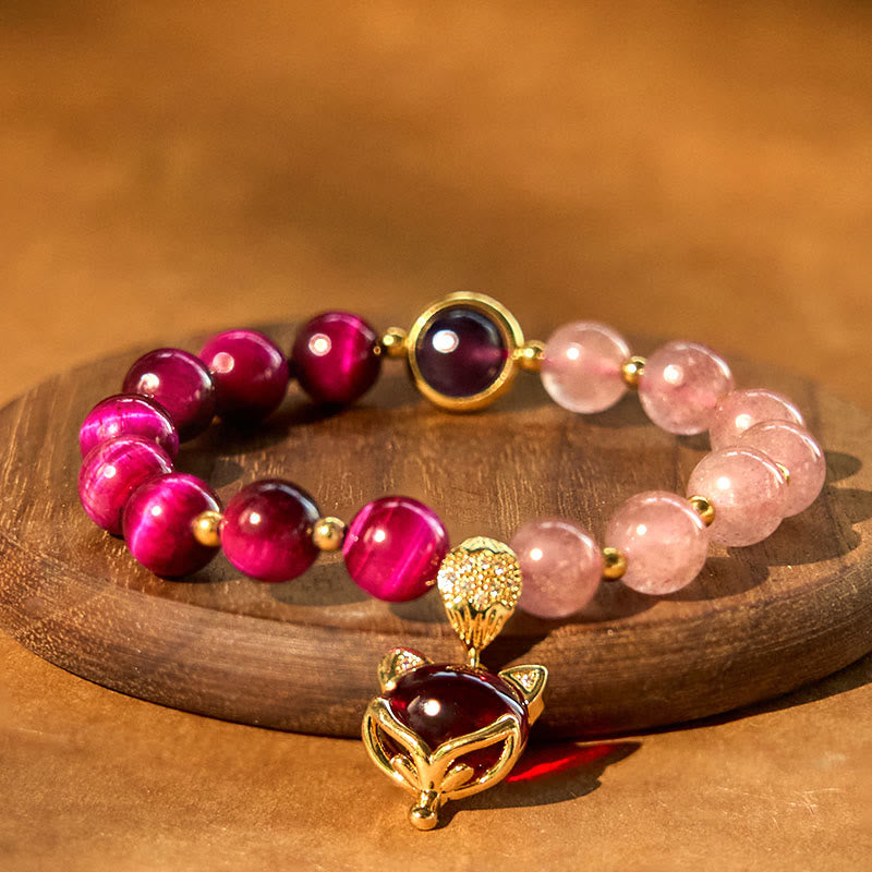 8mm Strawberry Quartz Pixiu Bracelet - Love, Wealth & Protection
