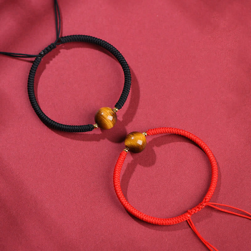 8mm Three Beads Tiger Eye Protection Bracelet with Red or Black Rope
