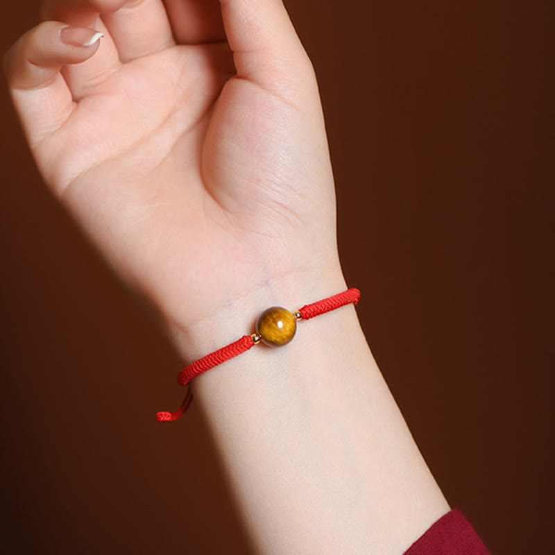 8mm Three Beads Tiger Eye Protection Bracelet with Red or Black Rope