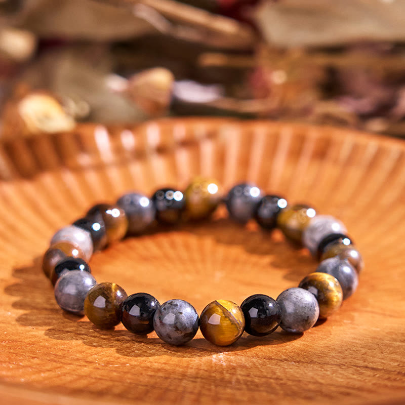 8mm Tiger Eye Protection Bracelet with Black Glitter Stones