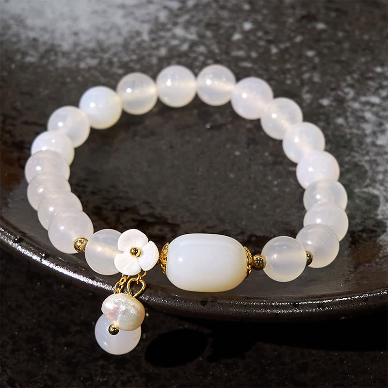 8mm White Agate Luck & Positivity Bracelet with Pearl Charm