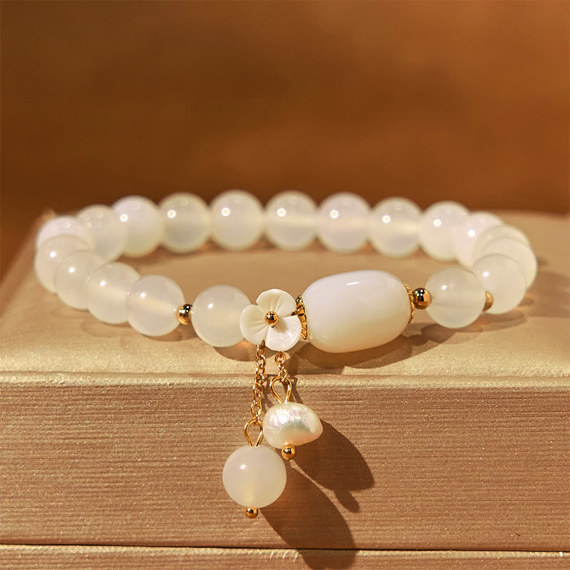 8mm White Agate Luck & Positivity Bracelet with Pearl Charm