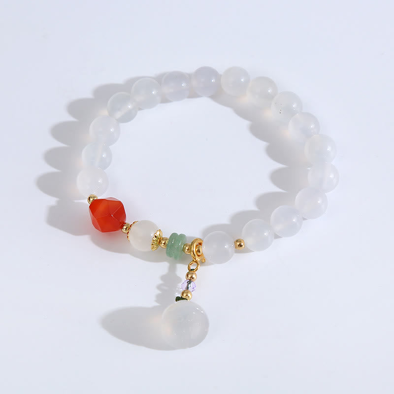 8mm White Agate Red Agate Lotus Pod Charm Luck Bracelet