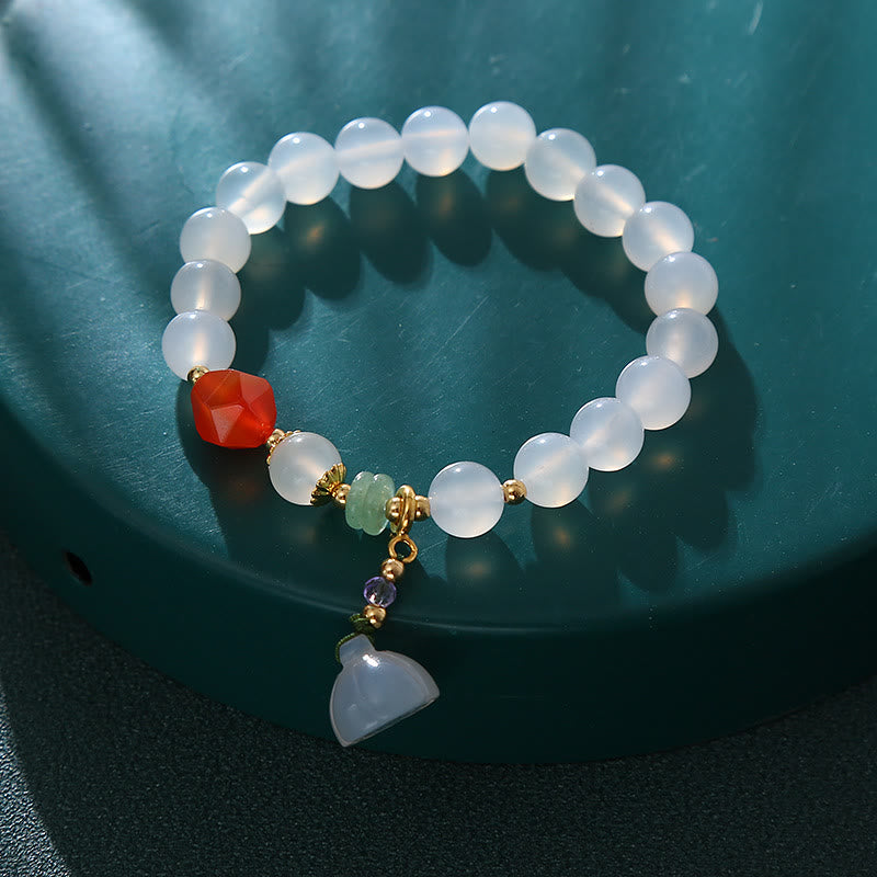 8mm White Agate Red Agate Lotus Pod Charm Luck Bracelet