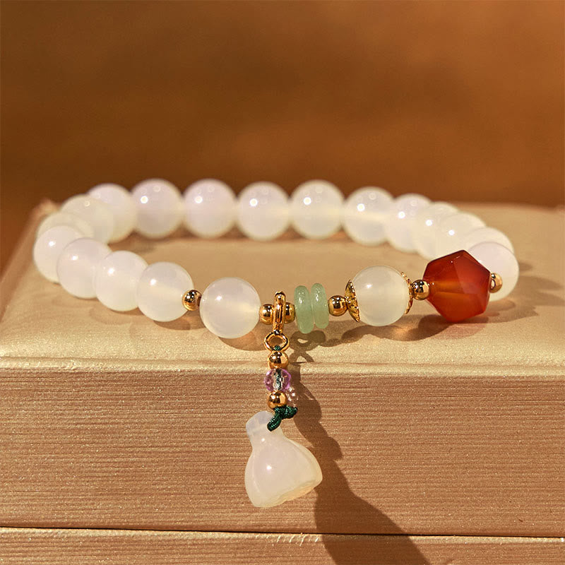 8mm White Agate Red Agate Lotus Pod Charm Luck Bracelet
