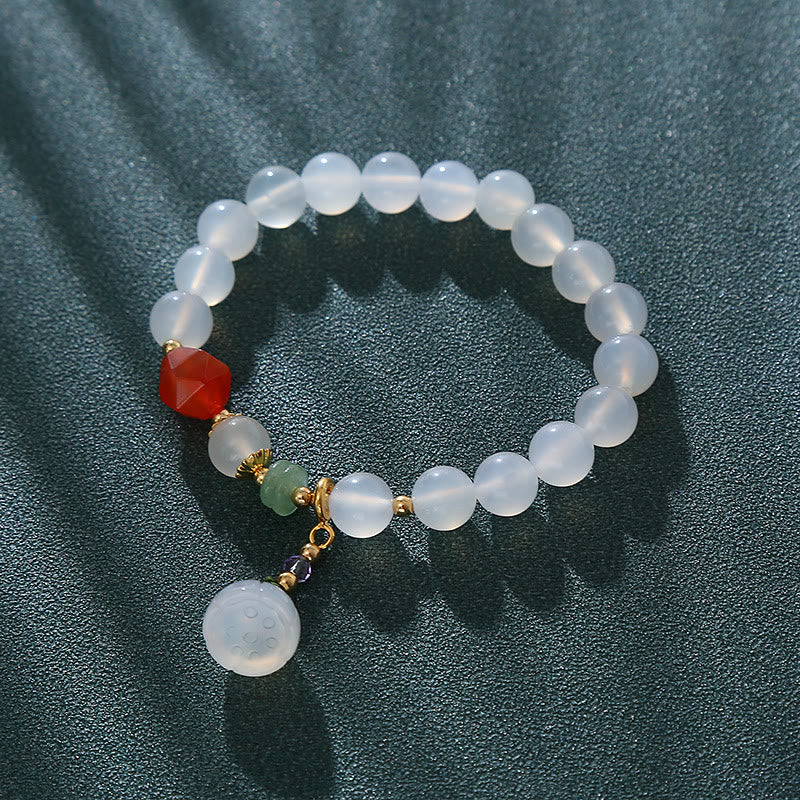 8mm White Agate Red Agate Lotus Pod Charm Luck Bracelet