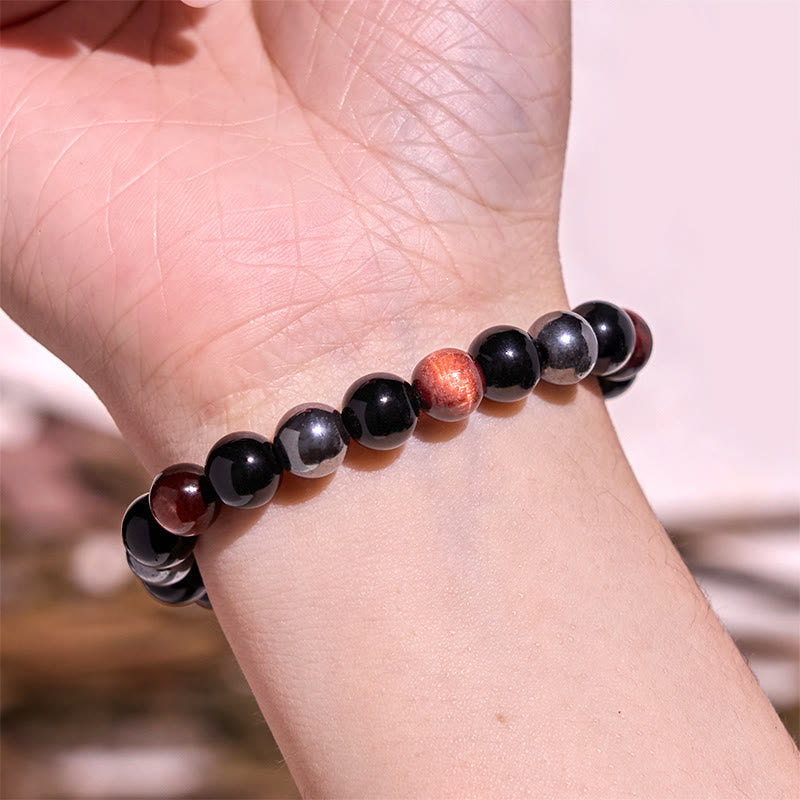 8mm Yellow Tiger Eye Obsidian Hematite Bracelet for Men