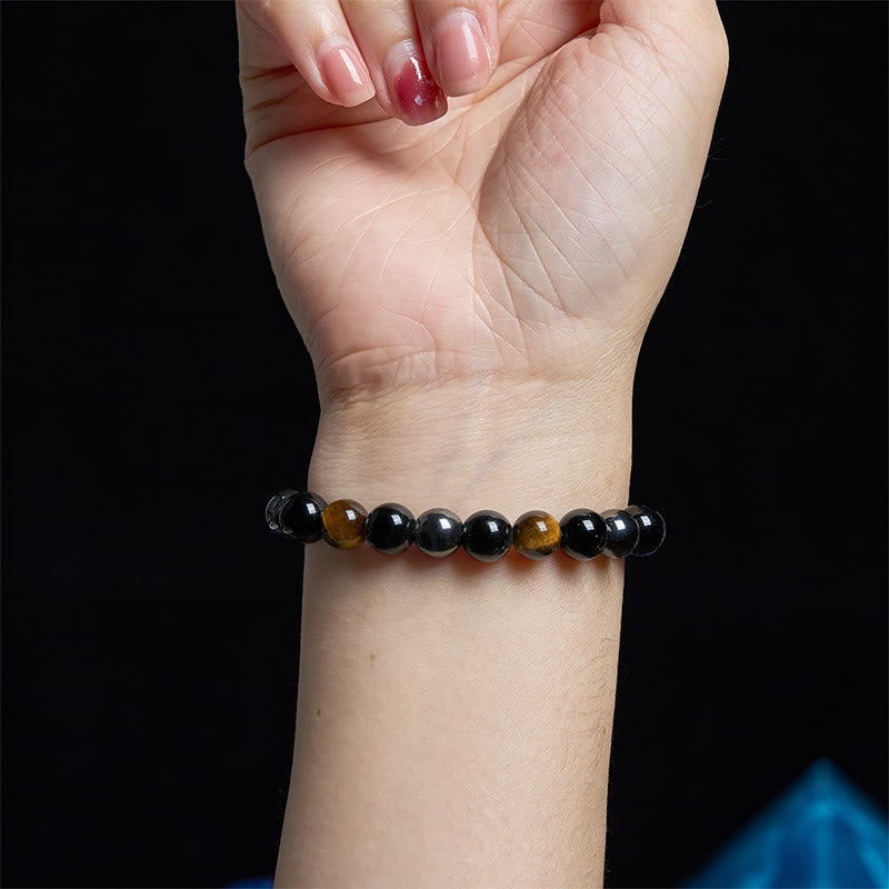 8mm Yellow Tiger Eye Obsidian Hematite Bracelet for Men
