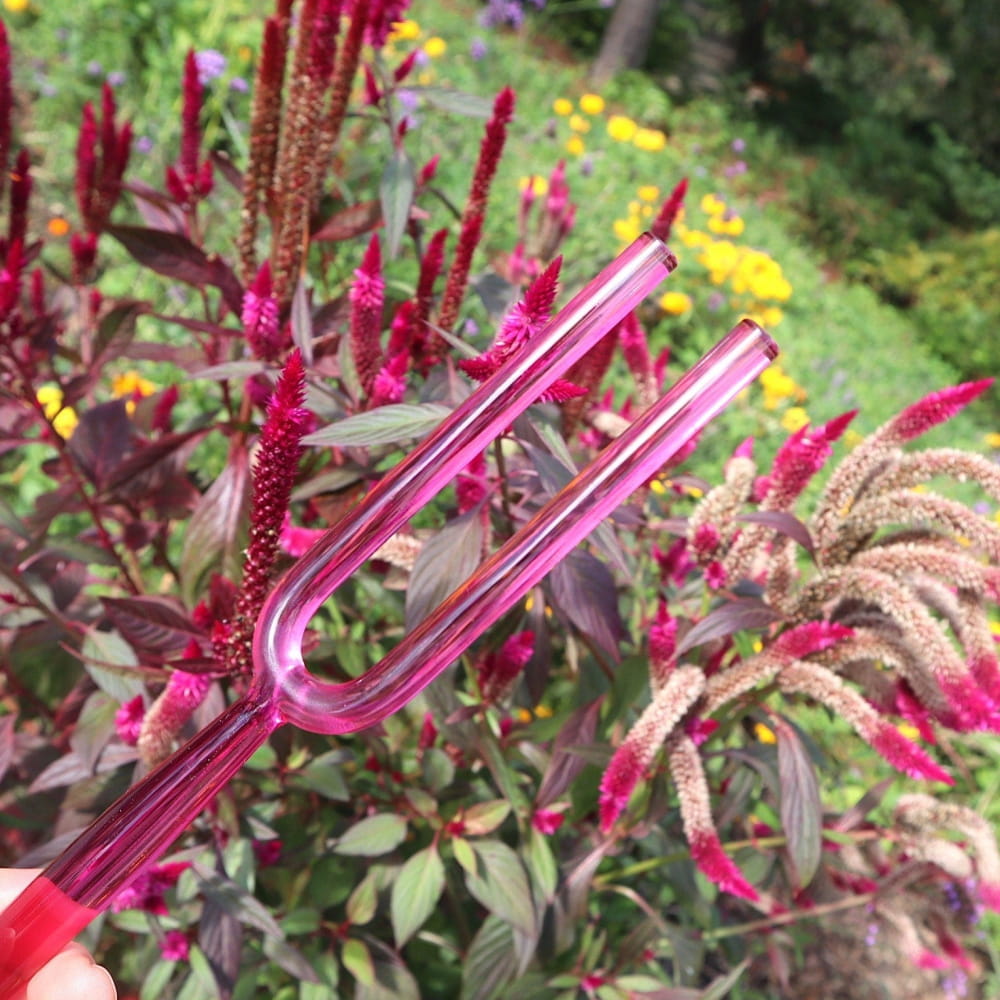 Pink plastic tuning fork amidst vibrant red flowering plants in a sound healing set