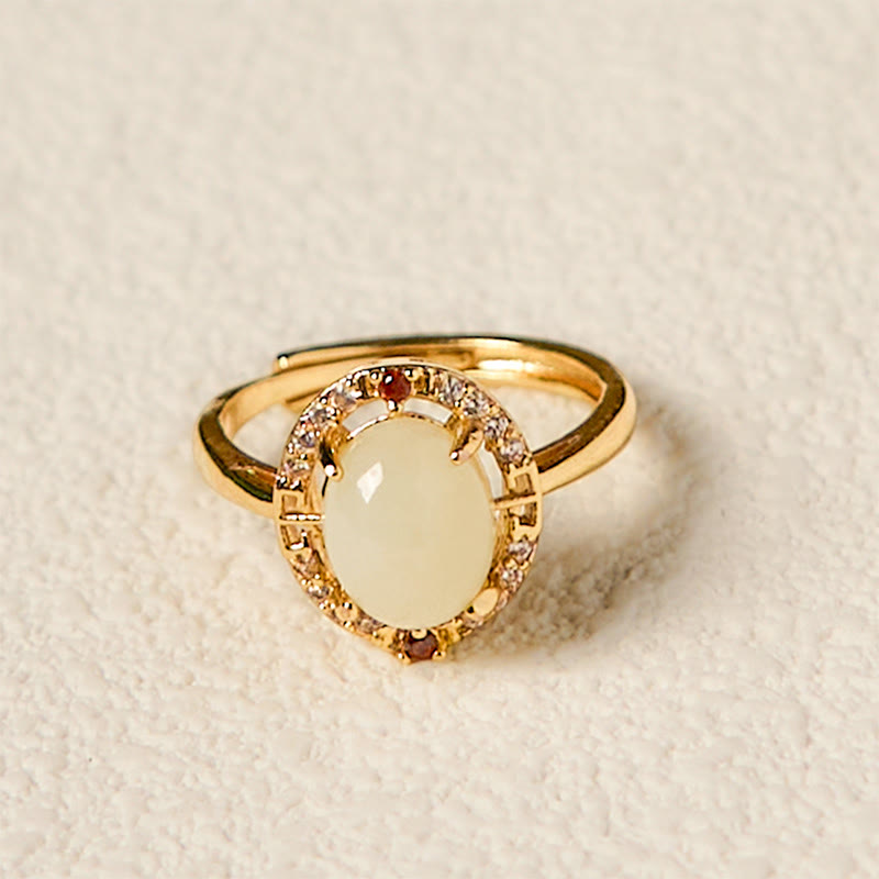 8x10mm Hetian Jade Luck Ring with Zirconia in Copper