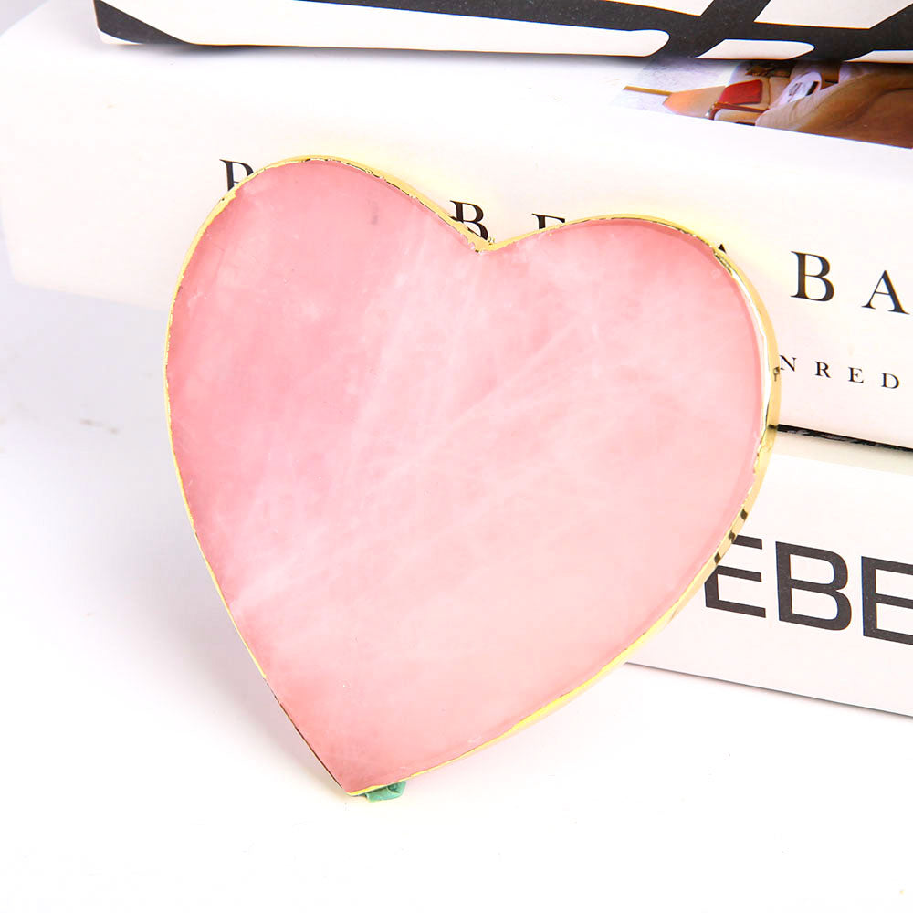 9.5cm Rose Quartz Crystal Coaster with Gold Rim Plate
