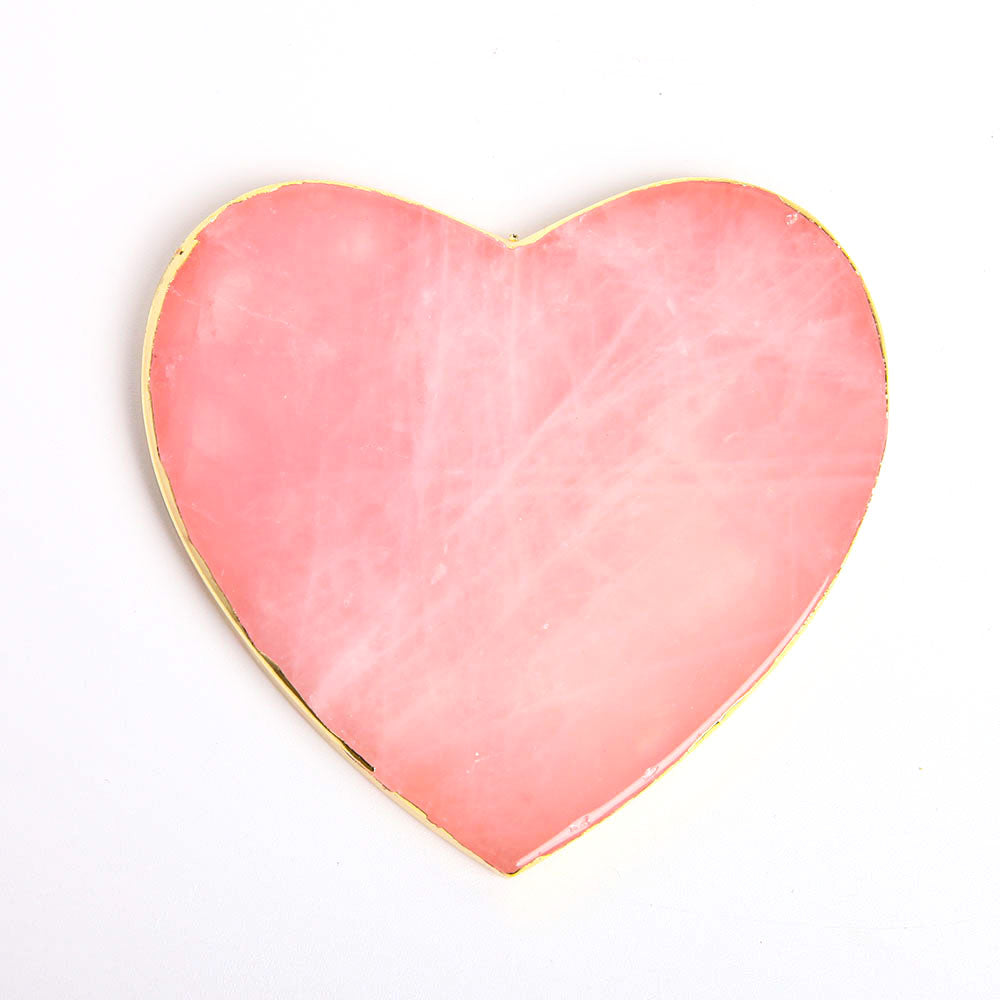 9.5cm Rose Quartz Crystal Coaster with Gold Rim Plate