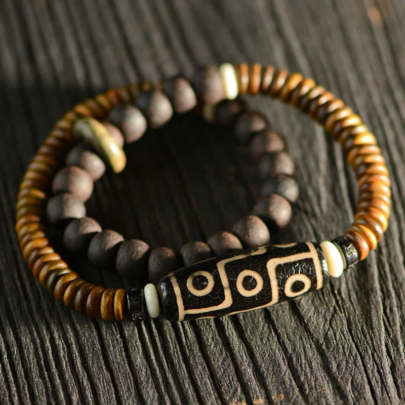 9-Eye Dzi Bead Ebony Wood Spiritual Double Wrap Bracelet