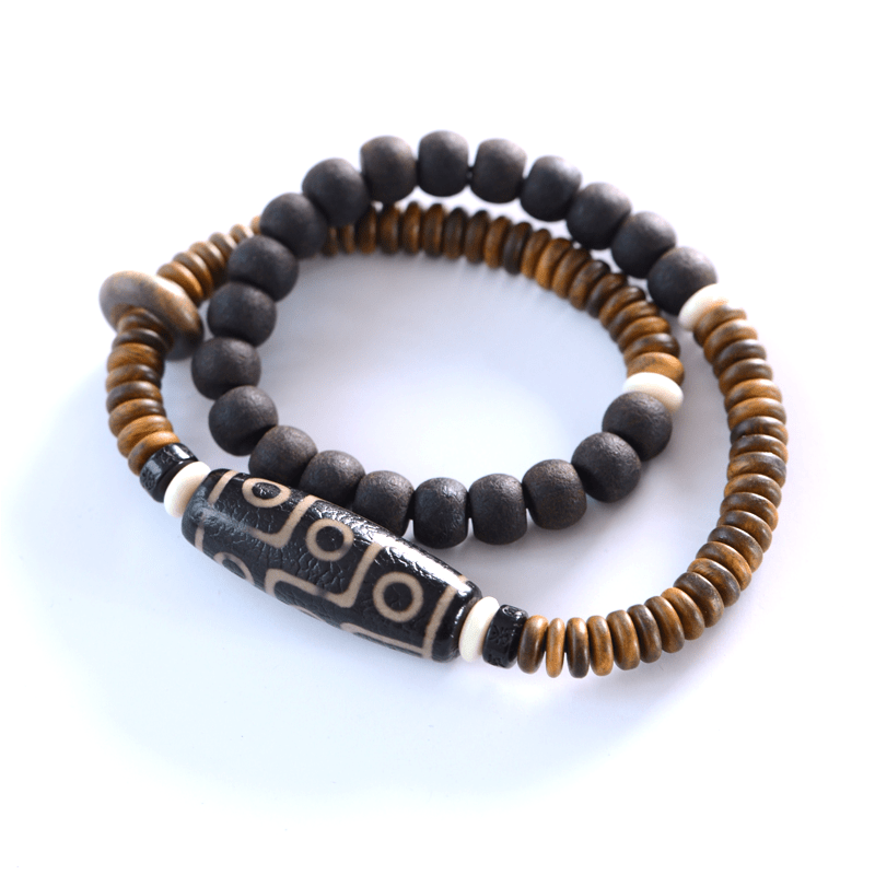 9-Eye Dzi Bead Ebony Wood Spiritual Double Wrap Bracelet