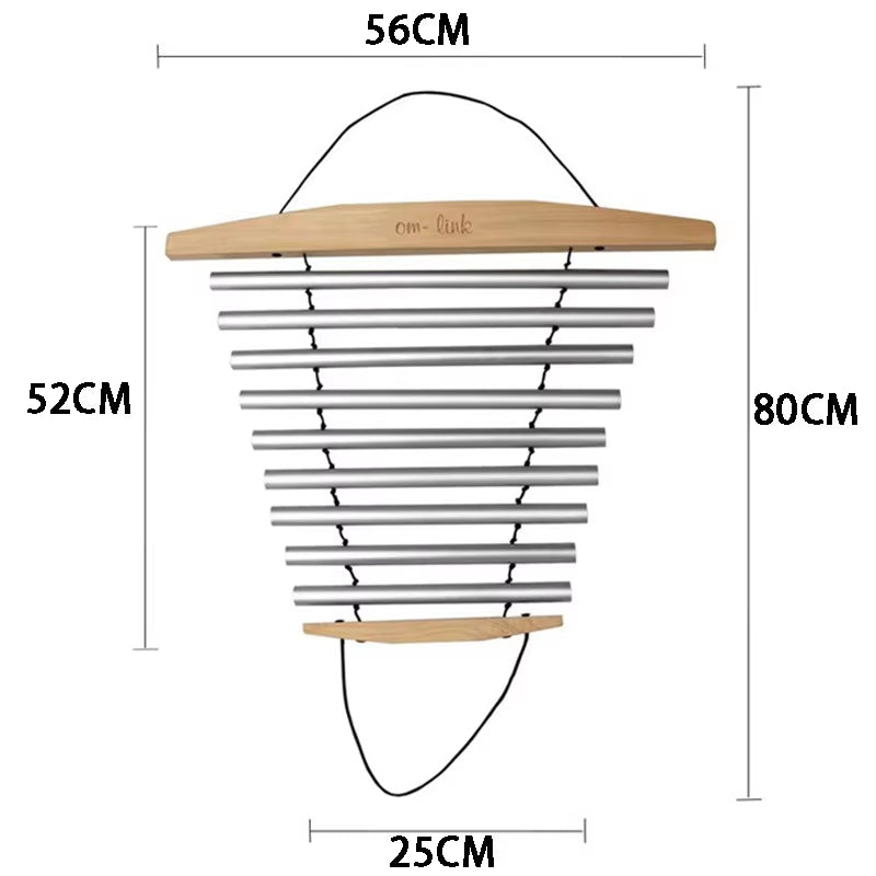 Wooden and metal hanging display rack with tapered design for 9 Notes Swinging Wind Chime