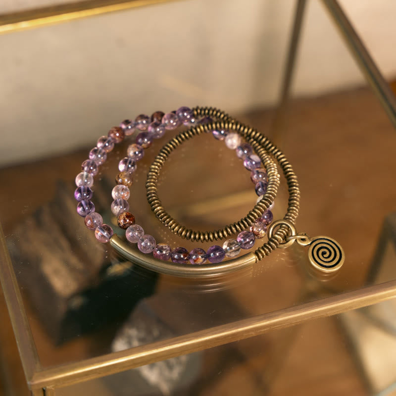 Love and Forgiveness Bracelet with Purple Phantom, Red Hematoid & Green Rutilated Quartz