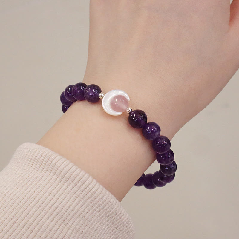 925 Sterling Silver Amethyst Crescent Moon Healing Bracelet