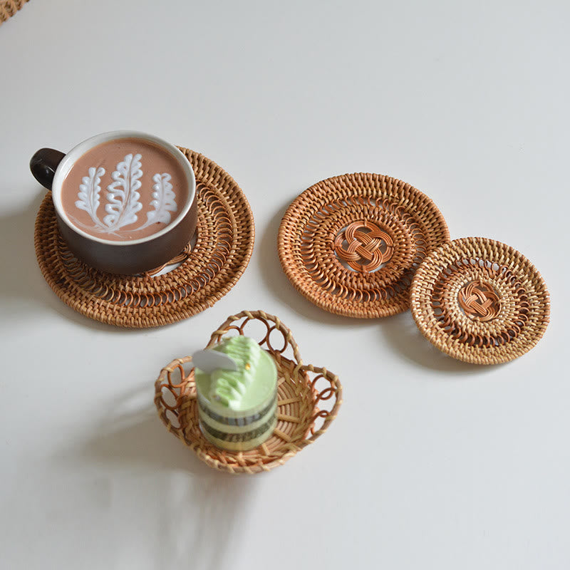 Ceramic Flower Pattern Rattan Cup Mat | 10cm Coaster