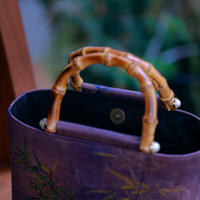 Purple Magpie Birds Bamboo Handle Handbag 23cm