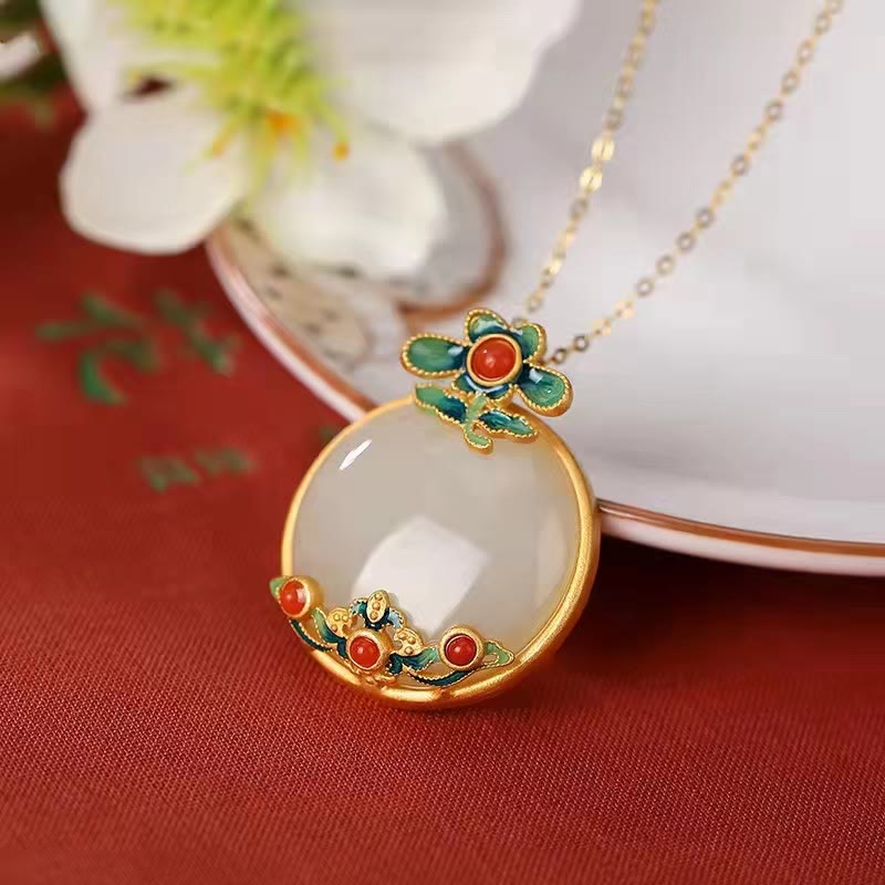 Unisex White Jade Red Agate Blessing Luck Necklace
